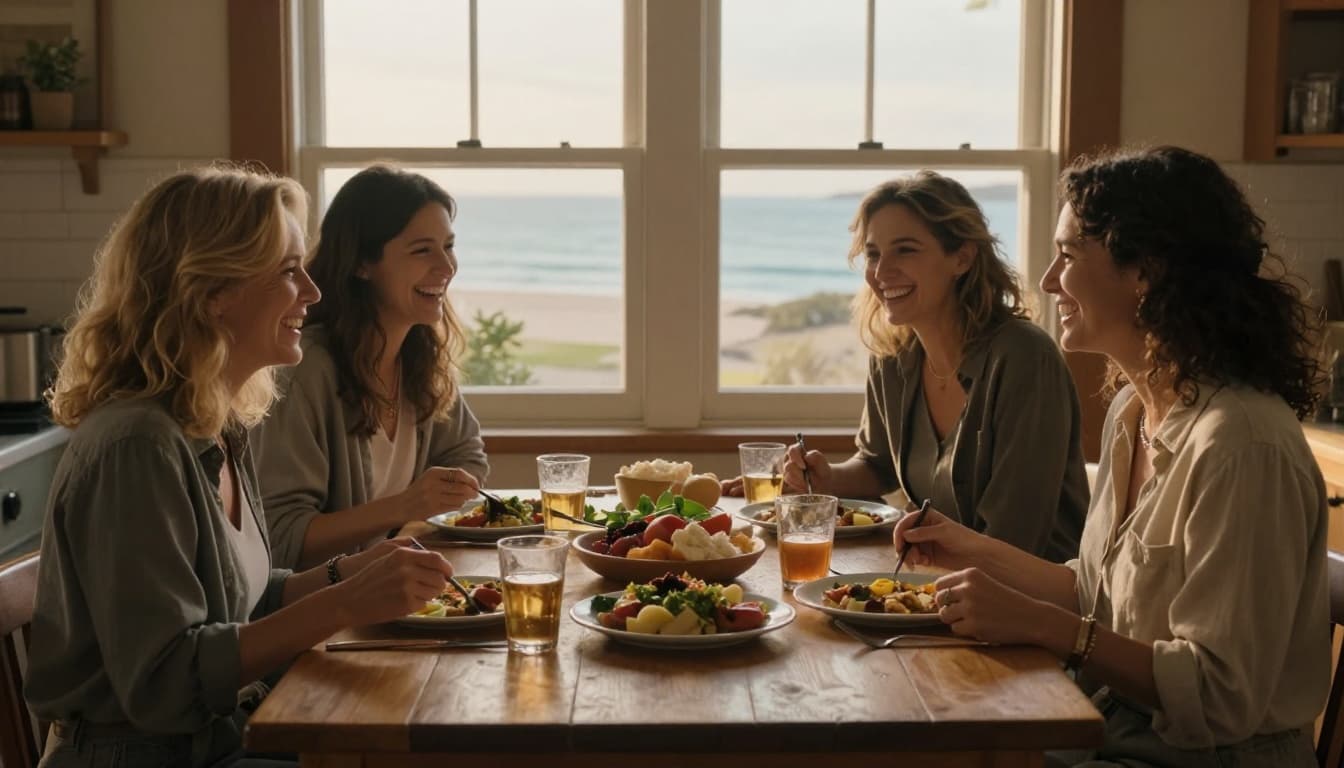 Four diverse women aged 30s to 50s share a homemade meal around a wooden table in a cozy coastal cottage, laughing warmly with genuine smiles as golden afternoon light streams through windows overlooking the sea.