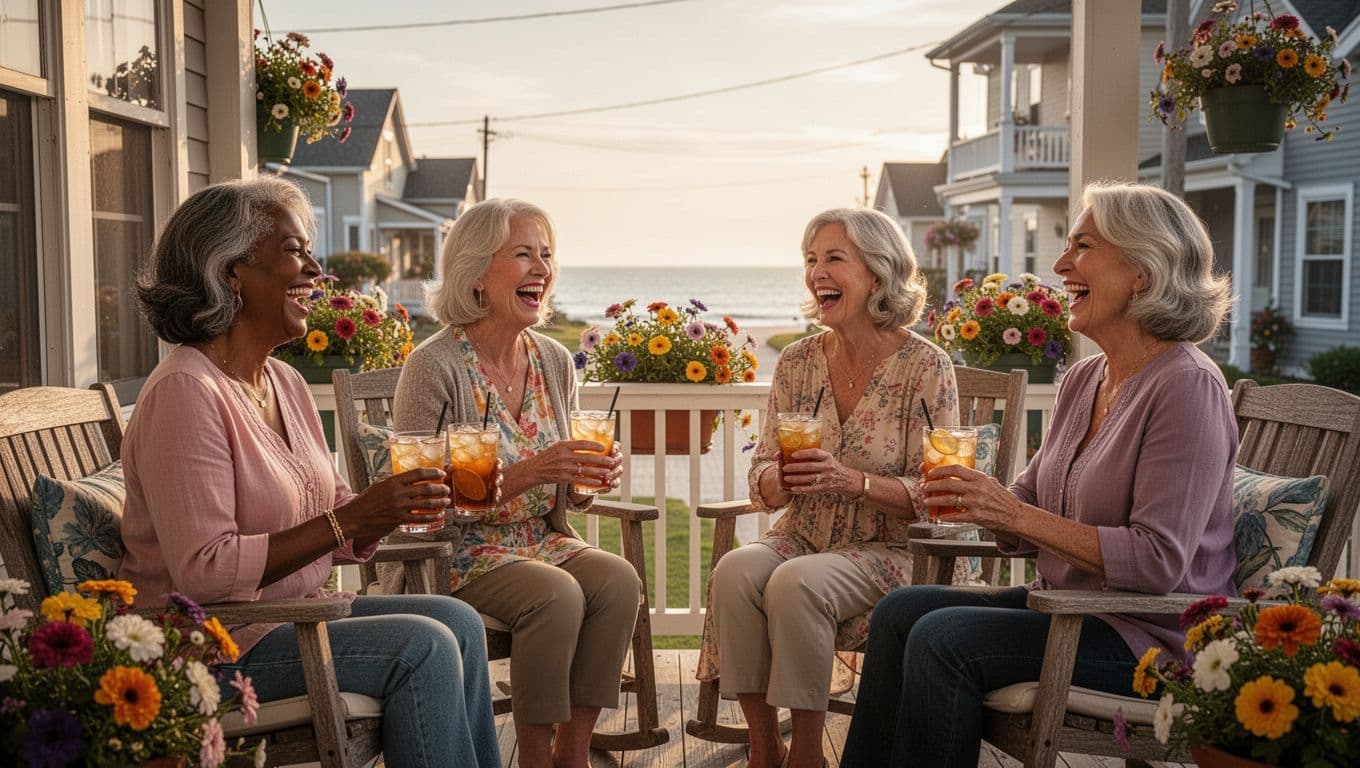 Hyperrealistic cinematic image of four diverse middle-aged women laughing together on a sunny small town porch with iced teas, colorful flowers, distant ocean view, and golden hour light.