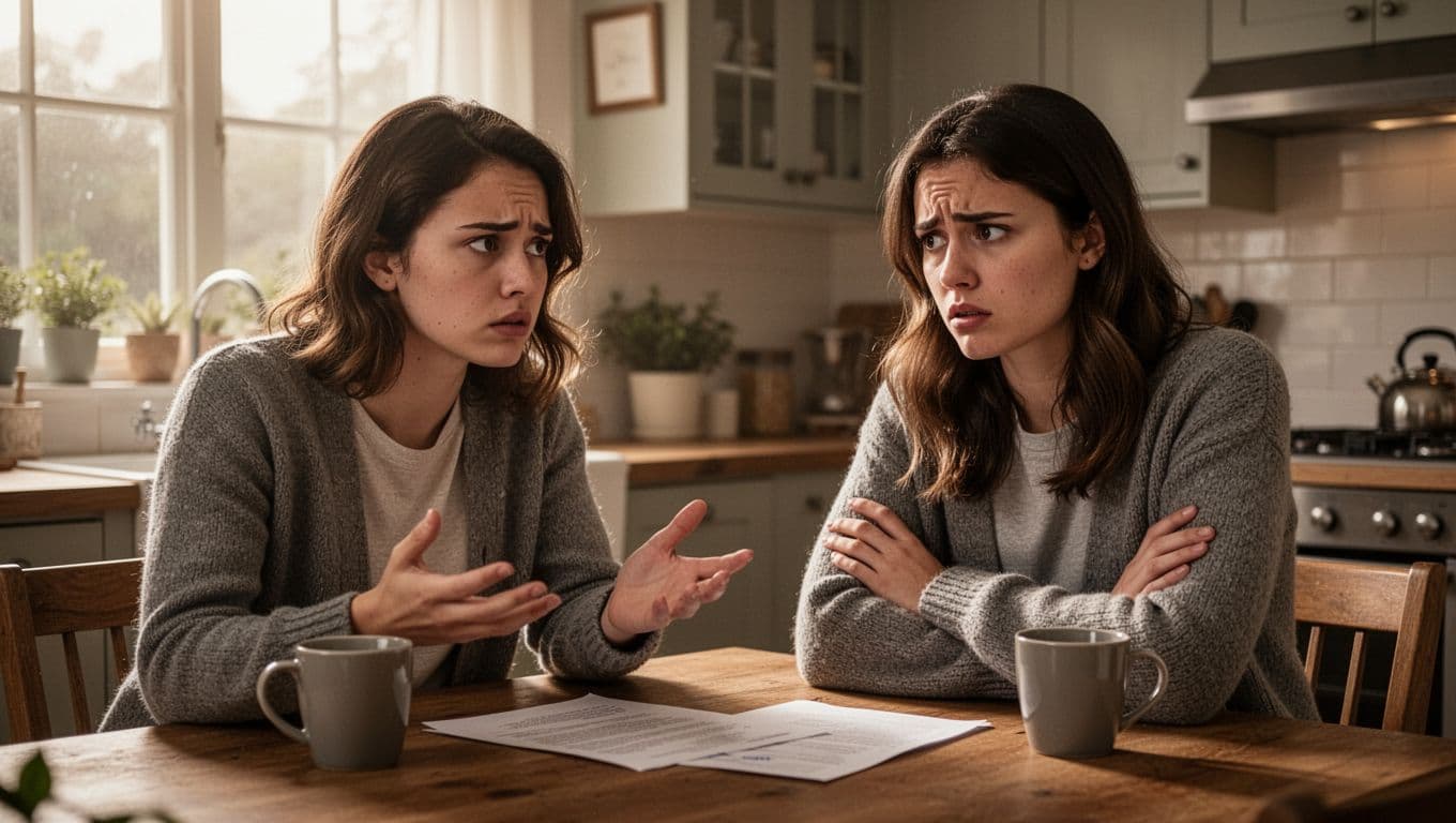 Hyperrealistic cinematic image of a young couple at a kitchen table, looking frustrated and skeptical while debating a flimsy fake dating plan, with soft morning light and detailed facial expressions.