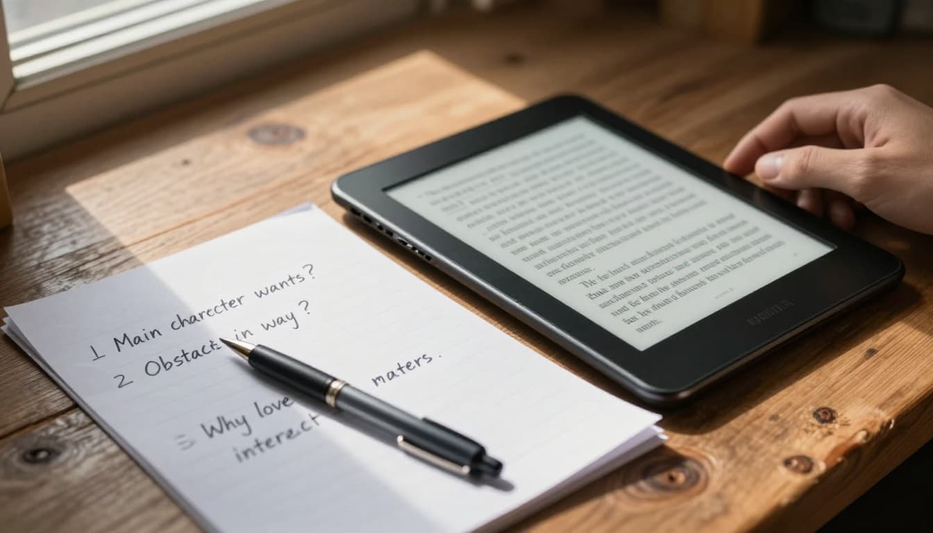 Close-up photorealistic view of an e-reader tablet on a rustic wooden table in a cozy reading nook, displaying blurred pages of a romance novel next to a crumpled handwritten checklist outlining story elements, bathed in morning sunlight.