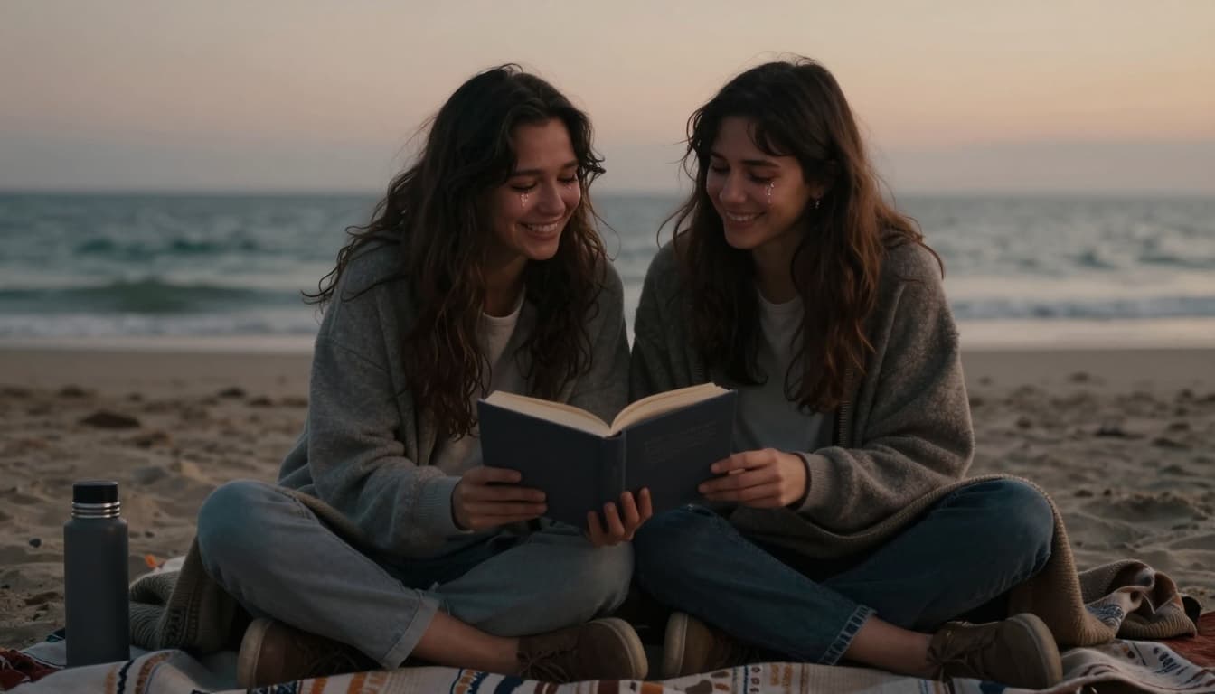 Hyperrealistic cinematic image of two women friends on a beach blanket at dusk, sharing a book, laughing softly with tears in their eyes, against an ocean backdrop with cozy blankets and thermos, evoking intimate emotional friendship.