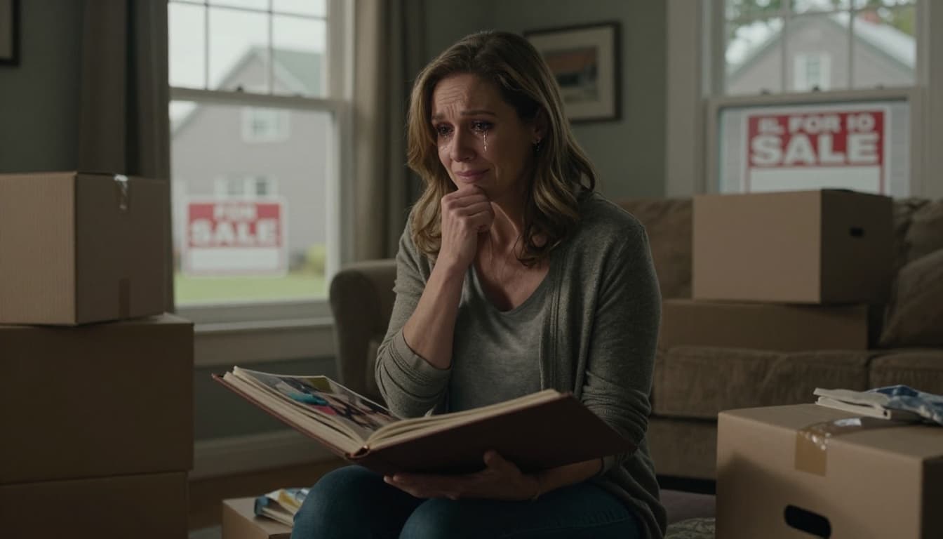 Hyperrealistic cinematic scene of a 40-year-old woman in a half-packed living room, holding a photo album with tears and a resolute smile amid boxes and a house for sale sign.