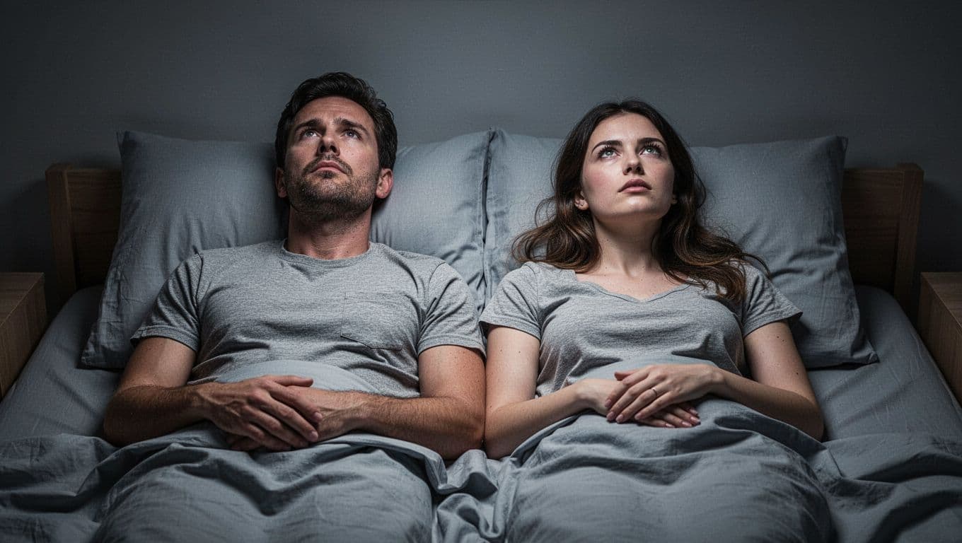 Hyperrealistic photorealistic depiction of a couple lying in bed after intimacy, physically close yet emotionally distant, staring separately at the ceiling in a dimly lit room with plain sheets.