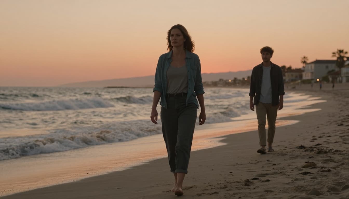 Hyperrealistic cinematic image of a woman walking slowly on a beach at sunset with a new potential partner at a respectful distance behind, her empowered and cautious posture conveying healing and slow trust-building after divorce amid gentle ocean waves and warm orange skies.
