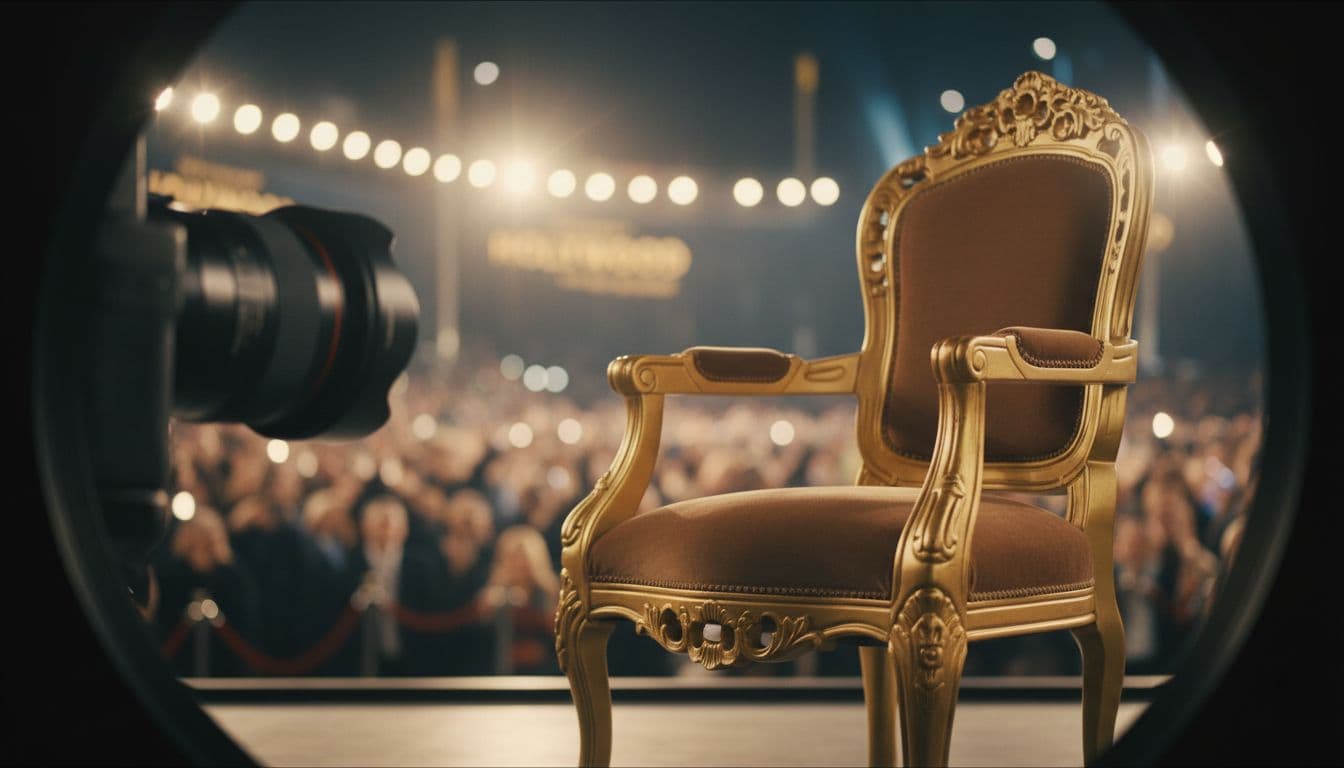 A single ornate golden chair stands prominently in the foreground against a blurred red carpet background. Brilliant camera flashes create shimmering bokeh light effects throughout the crowded gala event atmosphere.