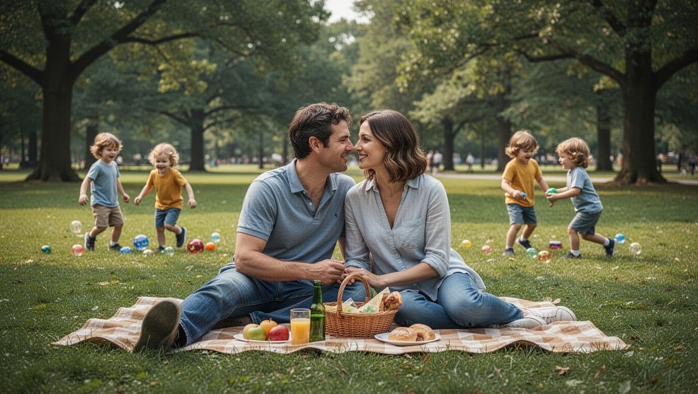Hyperrealistic cinematic landscape of a couple sharing a tender look during a family picnic in a park, with two young children playing nearby on green grass under soft daylight.
