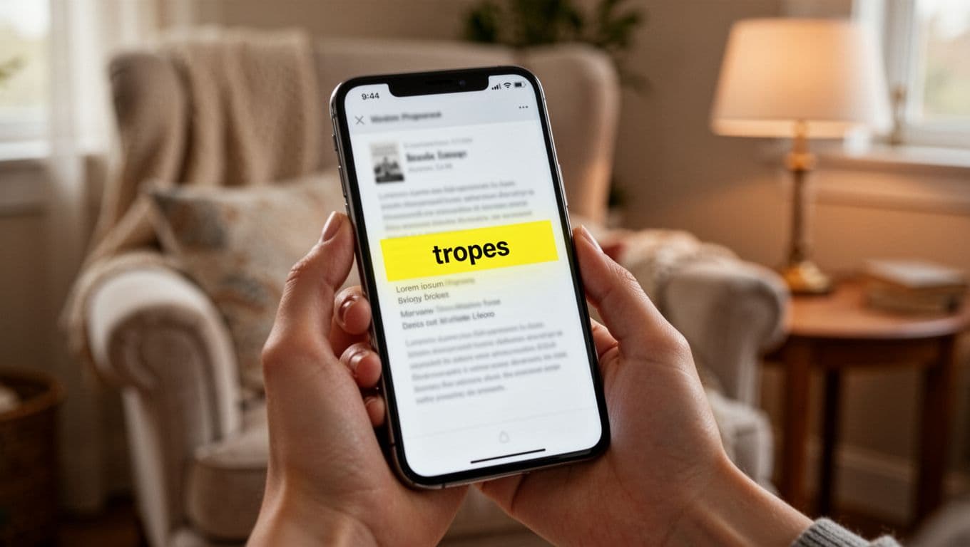 Hyperrealistic image of a smartphone held relaxed in a female hand, screen showing a book app review with 'tropes' highlighted in yellow on blurred background of cozy reading nook.
