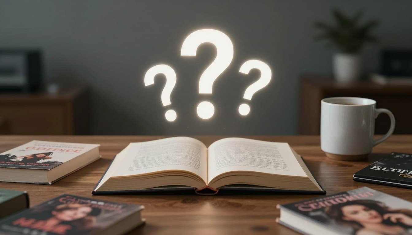 Hyperrealistic cinematic image of three question marks floating above an open book on a wooden desk with scattered romance novel covers and a coffee mug, under soft office lighting, evoking a thoughtful genre check vibe.