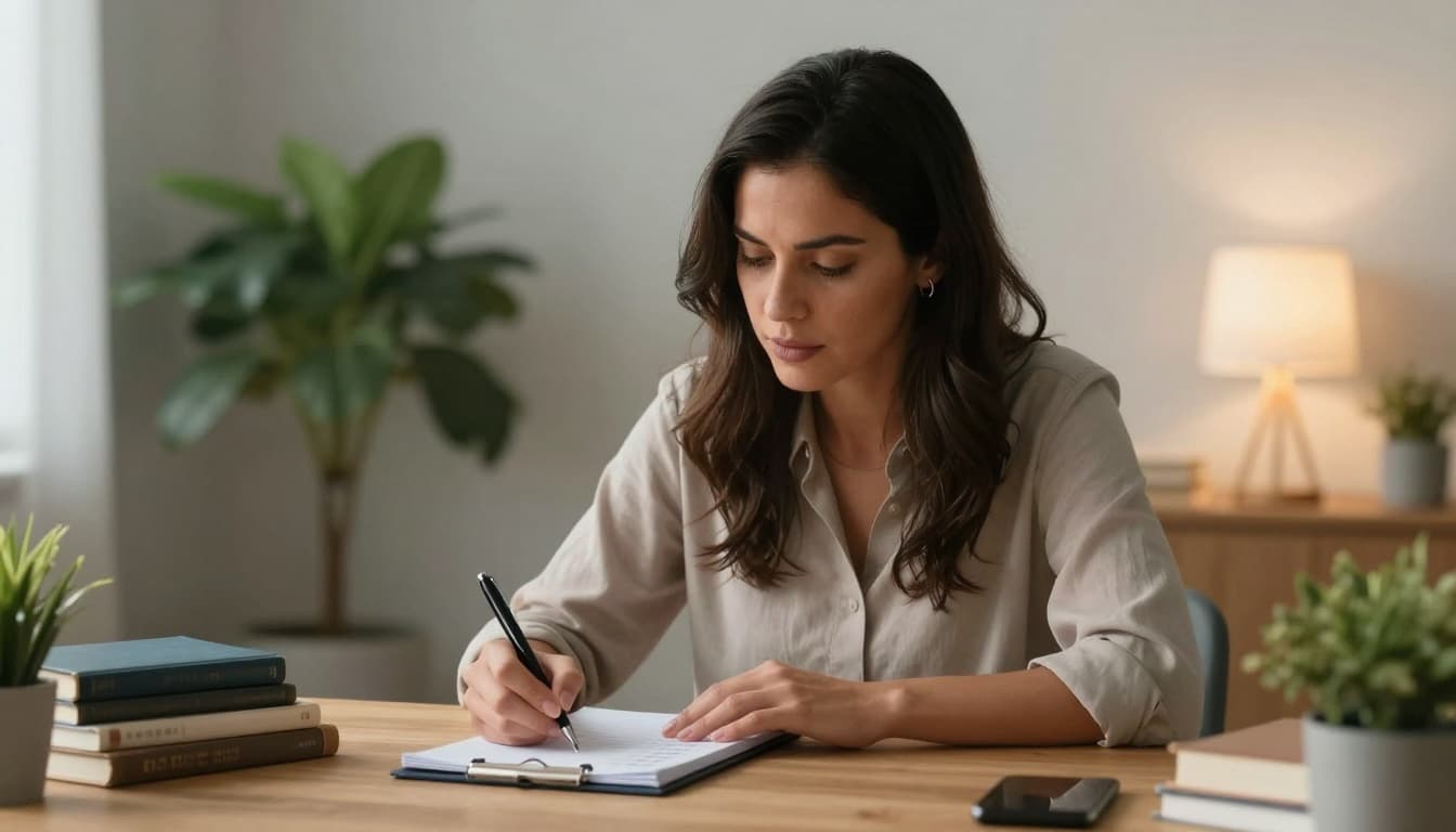 A woman with a focused and decisive expression sits at a wooden desk in a cozy home office, pen in hand over a checklist notebook, surrounded by stacked books, plants, and soft lamp light.