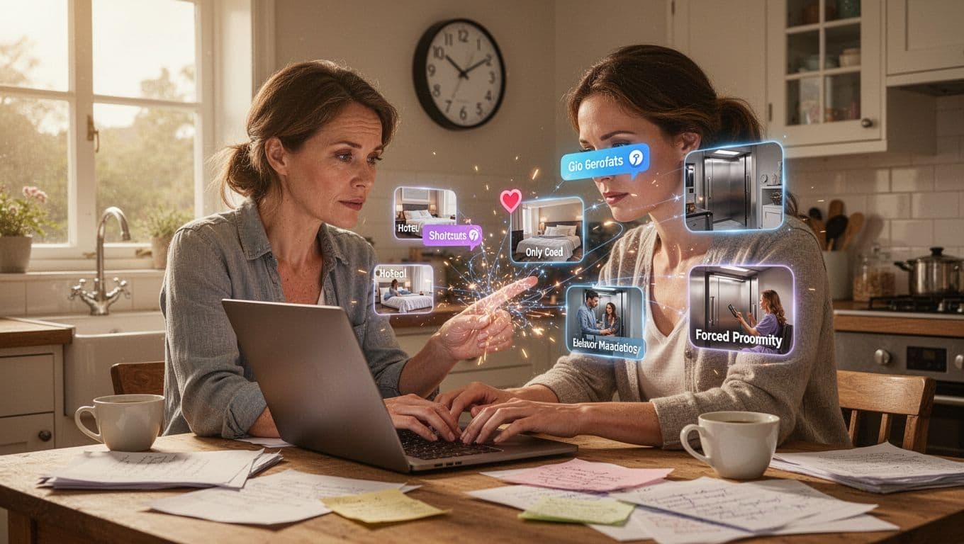 Hyperrealistic cinematic image of a mid-30s woman writer typing rapidly on a laptop in a bright sunlit kitchen during late hours, with floating romance trope icons like one-bed hotel and elevator malfunction; her relieved expression amid scattered notes and coffee.