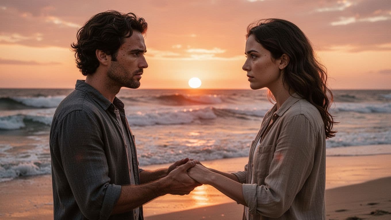 Hyperrealistic cinematic landscape of a former couple reuniting on a beach at sunset, with intense eye contact, hesitation, hope, cautious postures, and hands almost touching amid ocean waves and warm orange light.