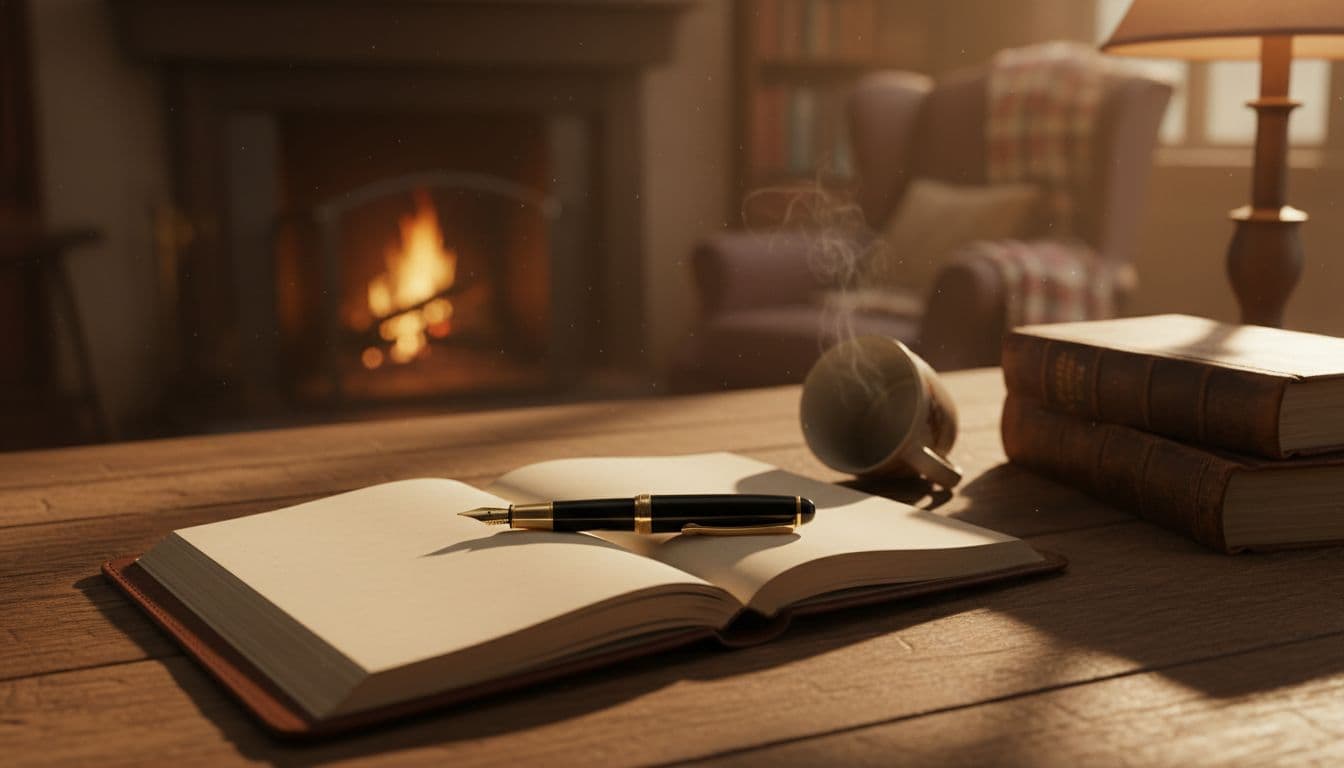A classic fountain pen rests atop an open leather-bound notebook on a warm-toned wooden desk. Soft ambient light filters into the room, creating a cozy and reflective atmosphere for creative storytelling.