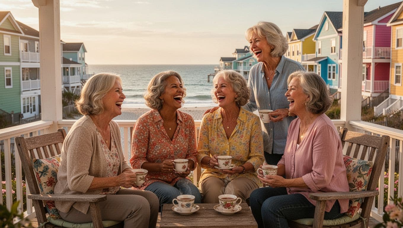 Hyperrealistic cinematic image of four diverse middle-aged women laughing and chatting closely on a sunny porch overlooking the ocean in a beach town during golden hour, with colorful beach houses and cozy tea cups.