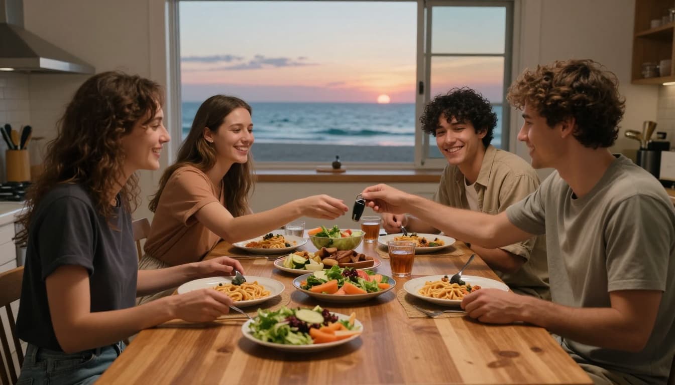 Hyperrealistic cinematic scene of four friends laughing softly, passing plates of pasta and salad at a wooden kitchen table in a beach house, one offering a ride key, with warm indoor lighting and sunset ocean view through the window.