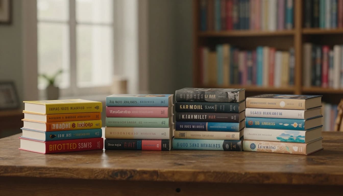 Hyperrealistic, photorealistic image of four distinct stacks of women's fiction books on a rustic wooden table in a cozy library with soft natural light. Stacks feature vibrant energetic covers, soft pastel tender moods, gritty dark tones, and coastal cozy themes, with sharp foreground and blurred background bookshelves.