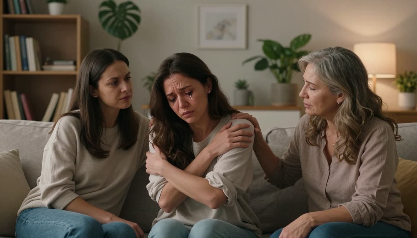 A young woman in her 40s sits on a couch in a cozy living room with tears in her eyes, hugged by an older woman while two friends listen supportively during an emotional crisis.