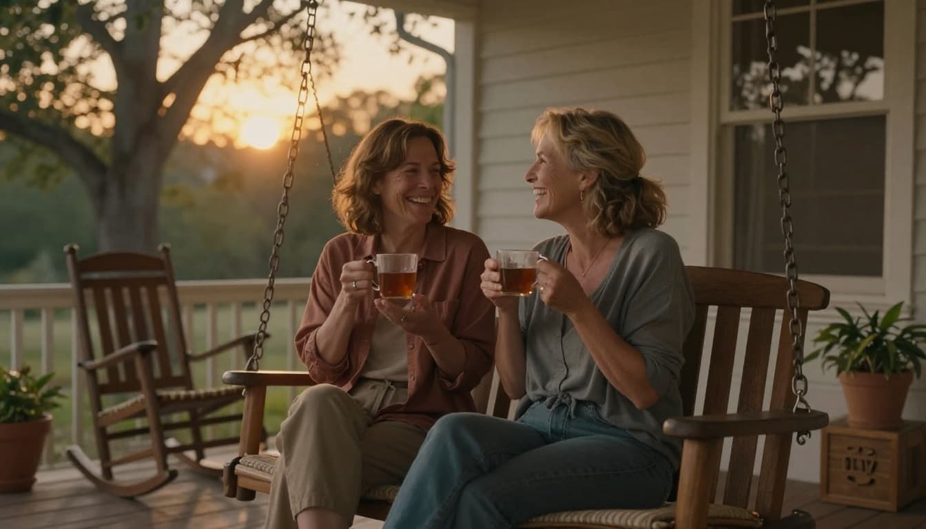 Hyperrealistic cinematic landscape of two close friends, women in their 40s, sitting on a wooden porch swing sipping tea from mugs with relaxed laughter. Golden sunset light filters through trees onto their cozy home porch with rocking chairs and potted plants, evoking trust and joy.