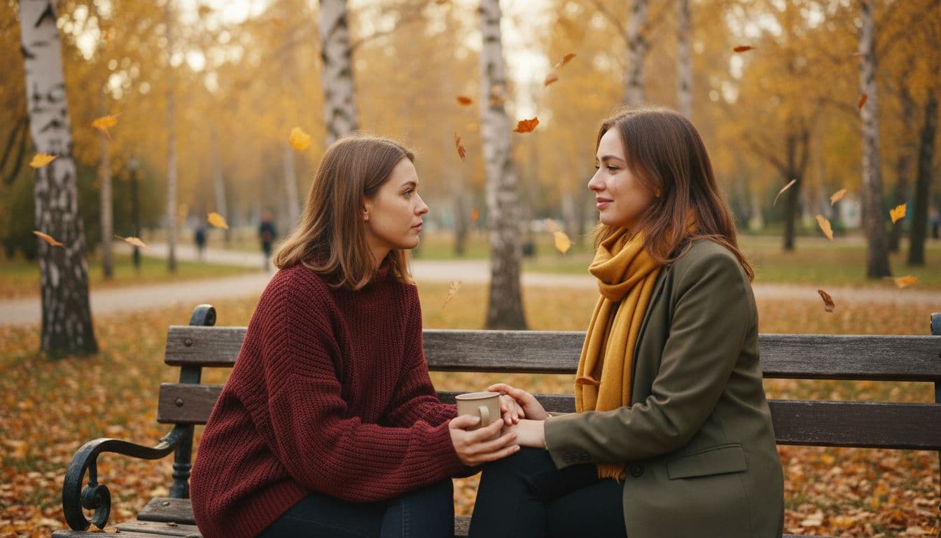 Two friends sit closely on a weathered wooden park bench during autumn, surrounded by amber leaves drifting down. They lean toward each other, sharing a quiet, intimate conversation in soft light.