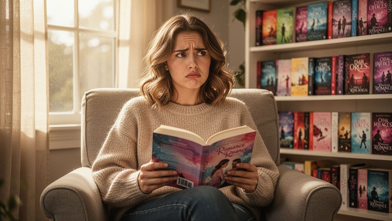A young woman in her late 20s with shoulder-length wavy hair, wearing a cozy sweater, sits in a sunlit living room on an armchair, holding an open romance paperback novel with an expression of mild frustration and disappointment.