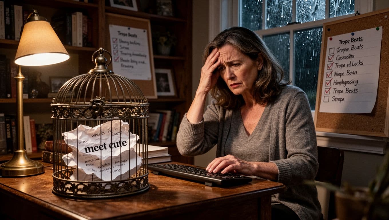 Hyperrealistic cinematic image of a frustrated woman writer at her wooden desk beside an ornate birdcage containing crumpled manuscript pages symbolizing trapped creativity, in a cozy home office with bookshelves and a rainy night view.