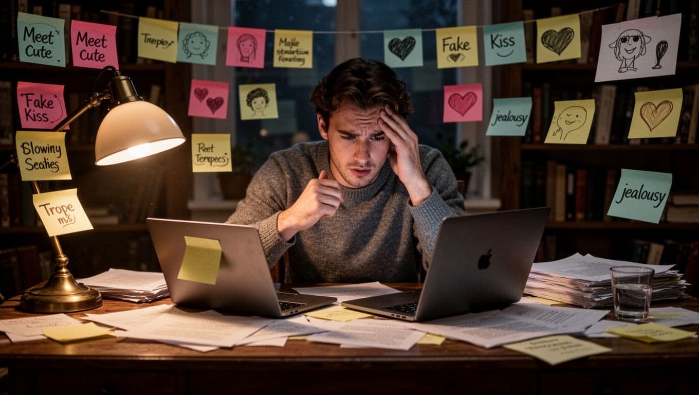 Hyperrealistic cinematic scene of a frustrated writer at a cluttered desk in a cozy nighttime study, surrounded by scattered papers and sticky notes representing trope scenes, rubbing temple under dim lamp light, evoking trope autopilot boredom.