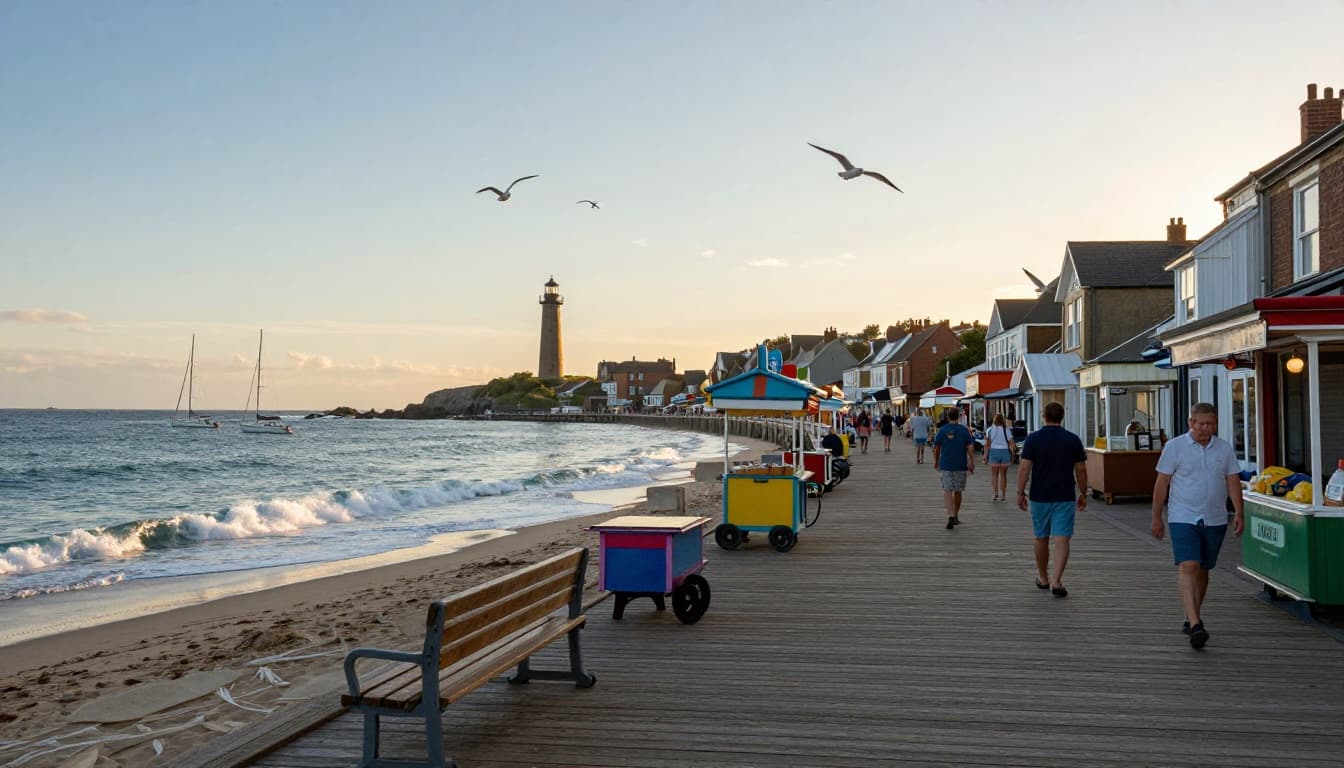 Hyperrealistic image of a small beach town's boardwalk at sunset, featuring wooden planks, colorful vendor carts, ocean waves, a distant lighthouse, sailboats, seagulls, and strolling people under cinematic golden lighting.