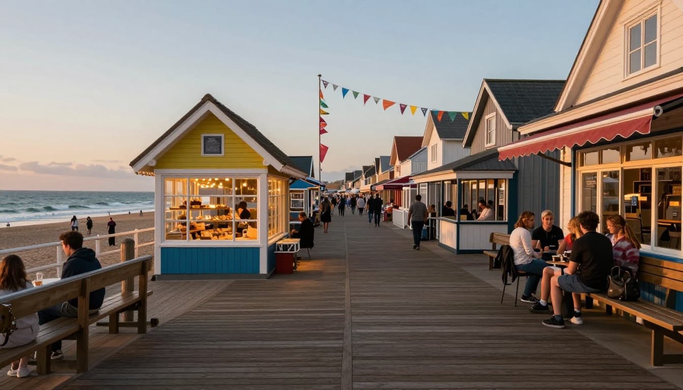 A vibrant seaside boardwalk in a cozy small coastal town during golden hour sunset, with wooden planks lined by quaint colorful shops like a bakery and diner, festival banners, and ocean waves in the background, capturing an inviting warm community atmosphere.