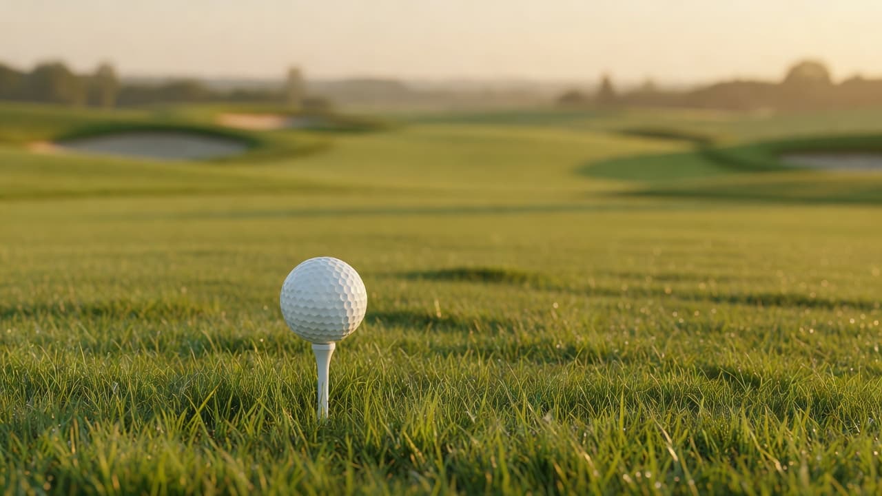 A white golf ball sits perfectly balanced on a wooden tee embedded in lush green grass. The blurred fairway extends into the distance under a warm and golden afternoon sunlight.