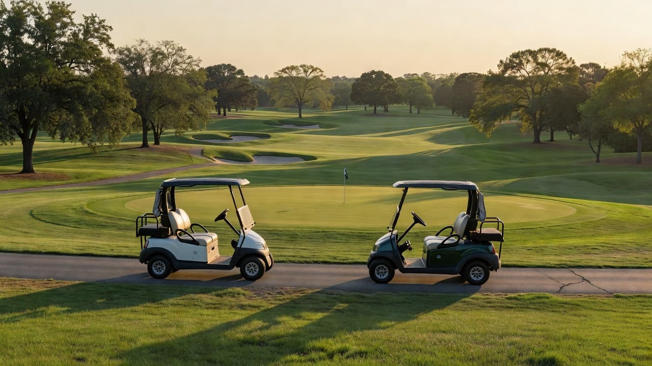 Two golf carts are parked adjacent to one another on a smooth paved trail. The peaceful scene overlooks a vibrant green golf course landscape under a clear sky without any people.