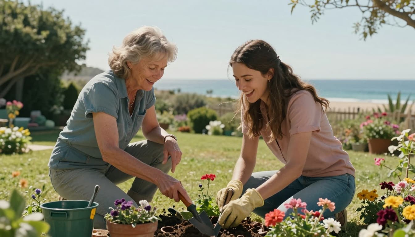 Hyperrealistic cinematic image of an older woman in her 60s and a younger woman in her 20s gardening together in a sunny backyard near the coast, sharing wisdom, laughter, tools, and flowers in warm sunlight.
