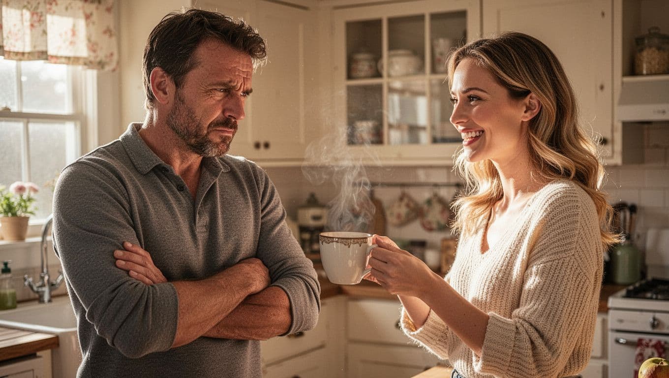 Hyperrealistic cinematic image of a grumpy mid-30s man with furrowed brow and arms crossed in a cozy kitchen, as a cheerful woman in her 30s smiles brightly handing him coffee in morning light with warm tones.