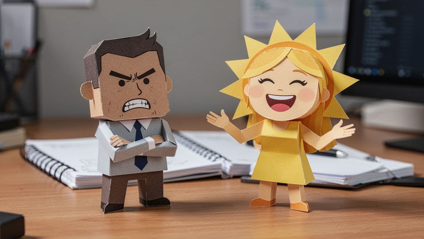 Hyperrealistic, photorealistic cinematic image of two stylized paper figures on a wooden desk: grumpy man with arms crossed and flat expression, sunny woman gesturing with big smile and flat face, soft office lighting, notebook background.