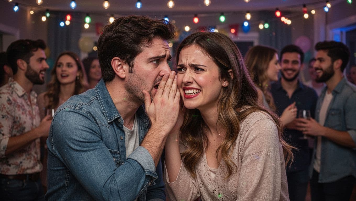 Hyperrealistic cinematic image of a couple at a social gathering, looking guilty and childish while whispering urgently about their long fake relationship lie, with strained smiles and oblivious friends chatting nearby in a blurred party crowd.