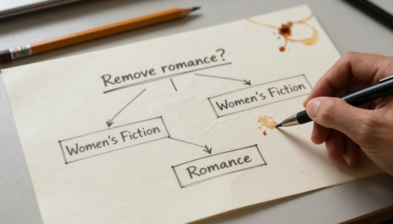 Hyperrealistic recreation of a hand-drawn flowchart on crumpled paper pad, branching with 'Remove romance?' to 'Women’s Fiction' or 'Romance', on a desk with pencils, coffee stain, and visible artist hand holding pen.