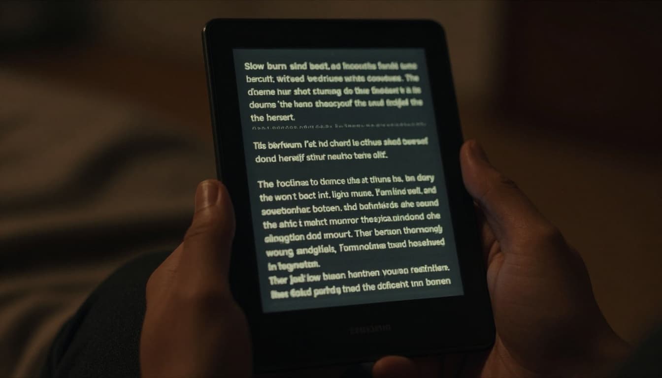Hyperrealistic close-up of an e-reader screen held in a hand at a slight angle, showing blurred yellow highlighted review text with phrases like 'slow burn' and 'found herself', illuminated by soft screen glow against a cozy dimly lit background.