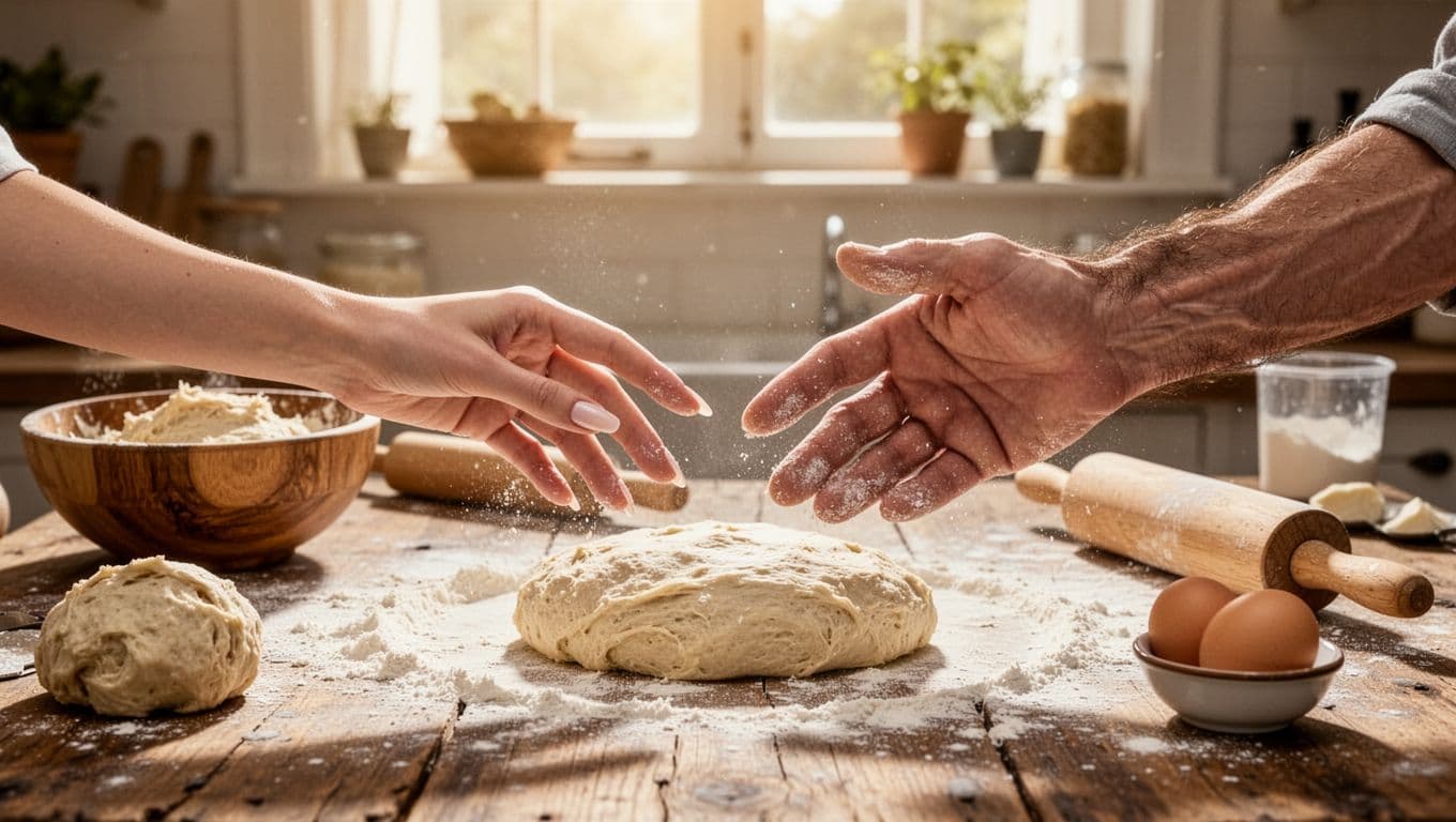 Hyperrealistic close-up of a feminine manicured hand and masculine veined hand with fingertips inches apart on a rustic wooden kitchen countertop dusted with flour, surrounded by bread dough, rolling pin, and eggs in warm morning sunlight.