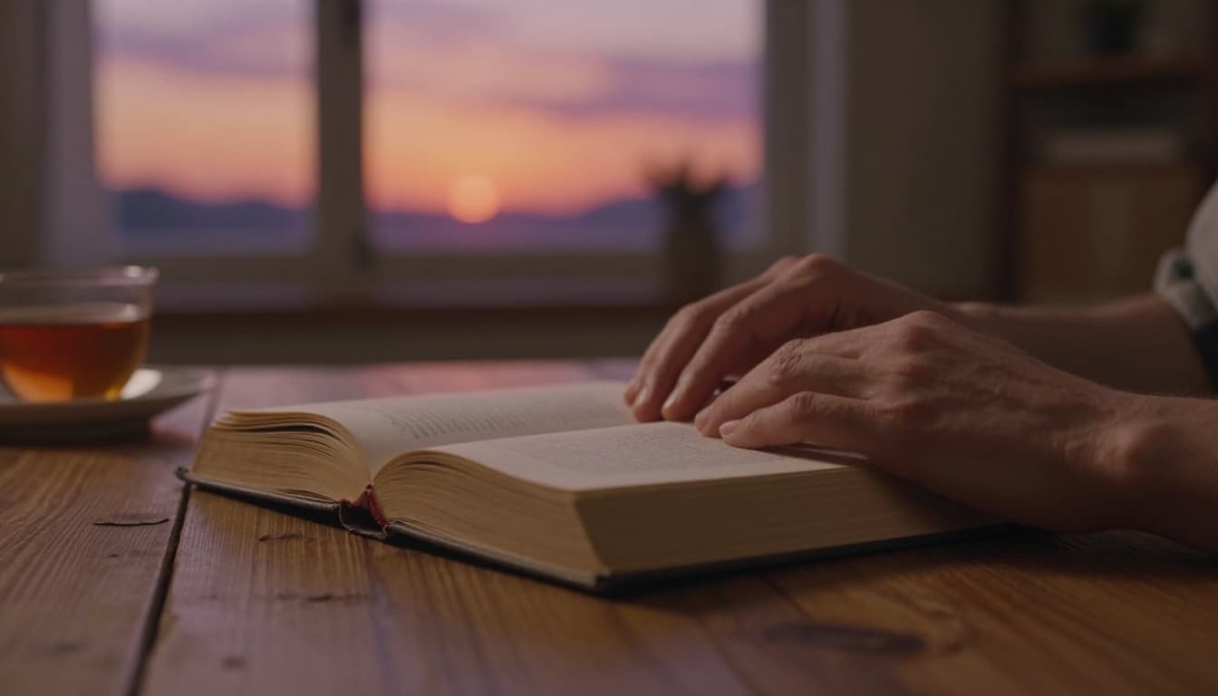 Hyperrealistic cinematic image of hands gently closing a hardcover book on a rustic wooden table, with a stunning sunset visible through a nearby window filling the cozy room with warm light and a subtle cup of tea nearby.