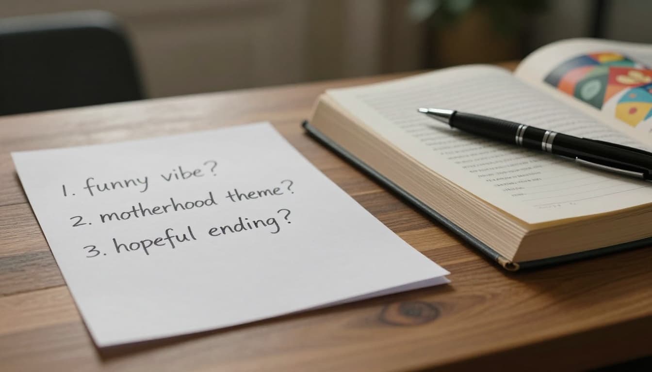 Hyperrealistic close-up of a handwritten checklist on aged paper with book criteria like 'funny vibe?', 'motherhood theme?', and 'hopeful ending?', next to an open colorful paperback novel and black ink pen on a wooden desk bathed in soft morning light.