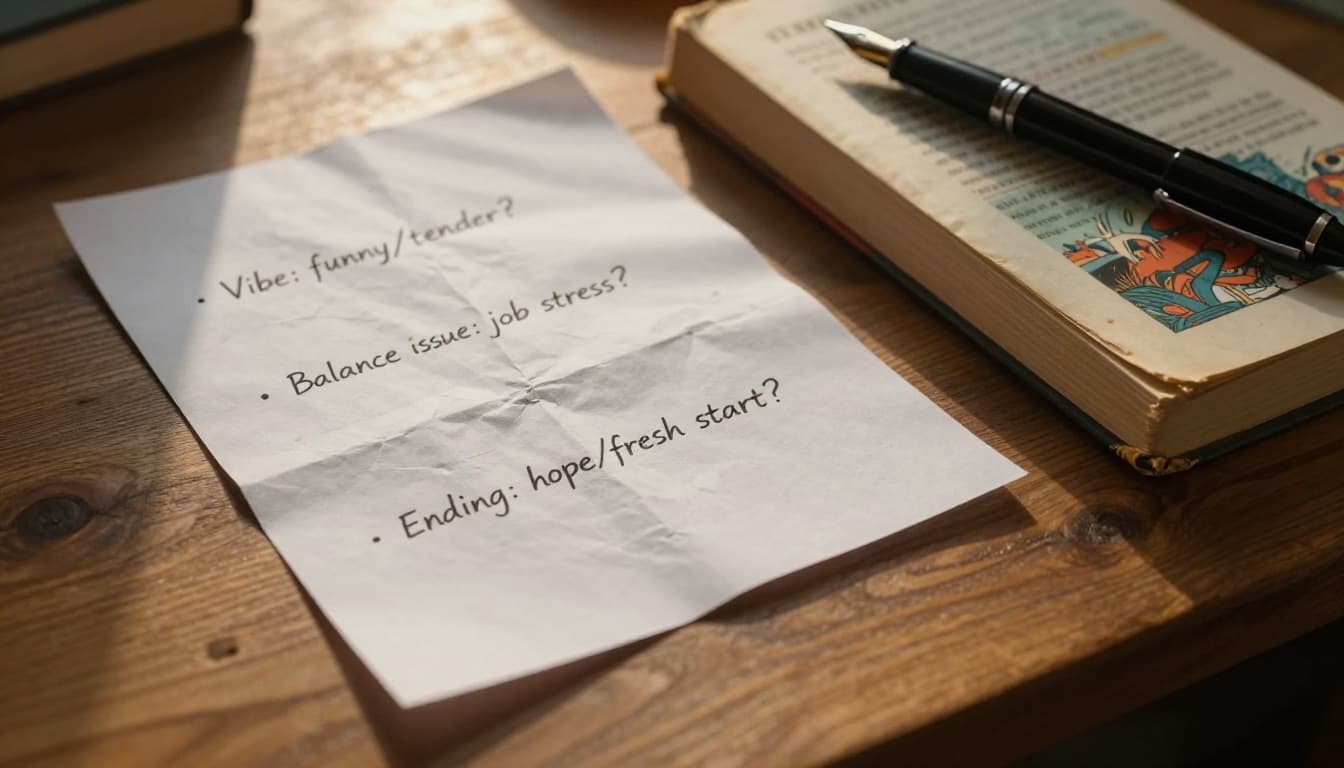 Hyperrealistic close-up of a crinkled handwritten checklist with story notes on white paper atop a wooden desk, beside a worn paperback novel and black fountain pen, illuminated by warm golden hour sunlight.