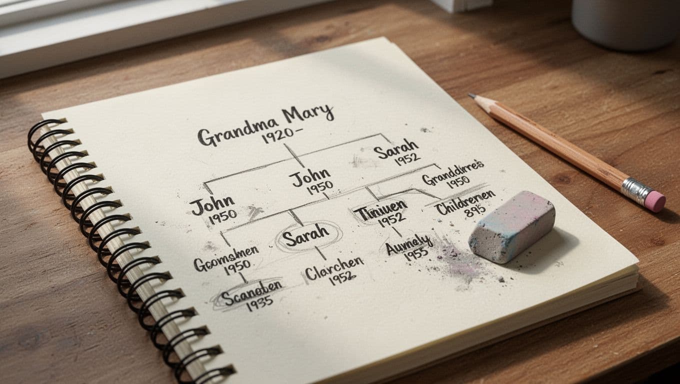Hyperrealistic close-up of an open spiral notebook page on a wooden desk featuring a simple handwritten family tree diagram with names like Grandma Mary and her descendants connected by lines, pencil beside, eraser marks, and natural paper texture under soft light.