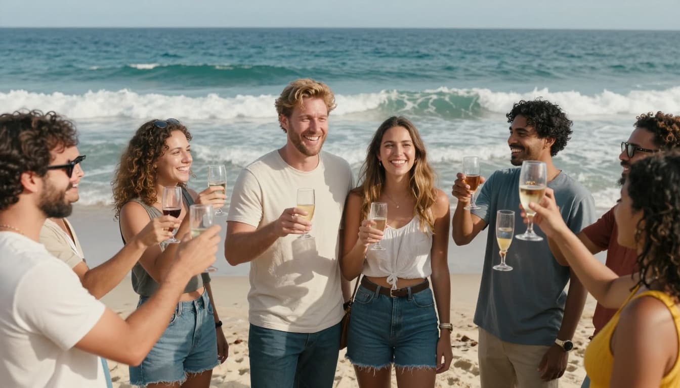 A happy couple in casual clothes stands arm in arm at an outdoor beach town gathering, surrounded by a small cheering group of friends raising glasses in toast, under sunny daytime skies with ocean waves in the background.