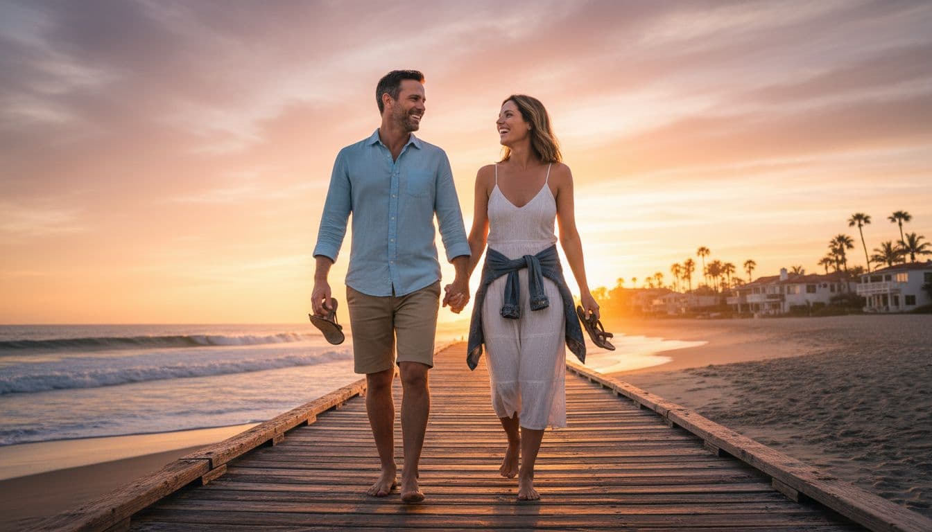 Hyperrealistic cinematic image of a happy couple in their 30s walking hand-in-hand along a wooden boardwalk by the ocean in a coastal town at golden hour sunset, with relaxed smiles, casual summer clothes, and warm orange lighting.