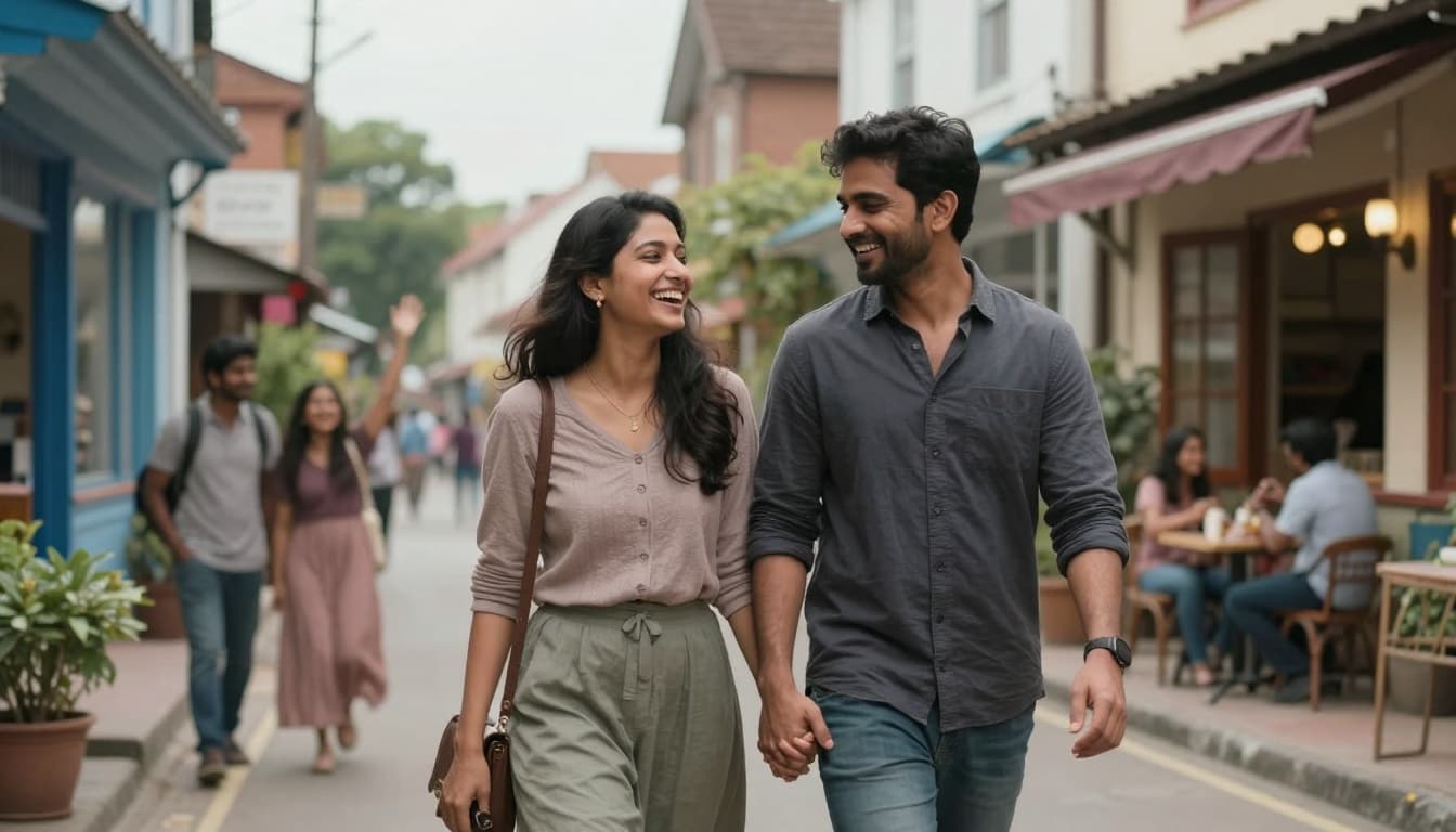 A laughing woman and man walk hand in hand down a cozy small town street lined with shops, with friends waving from a cafe in the background under soft daylight.
