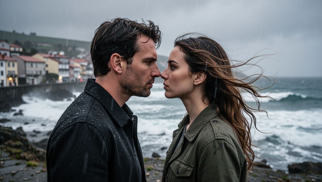 Hyperrealistic cinematic scene of a man and woman inches apart, hesitating before a kiss in a rainy outdoor coastal setting with wind-blown hair and blurred ocean waves in the background.
