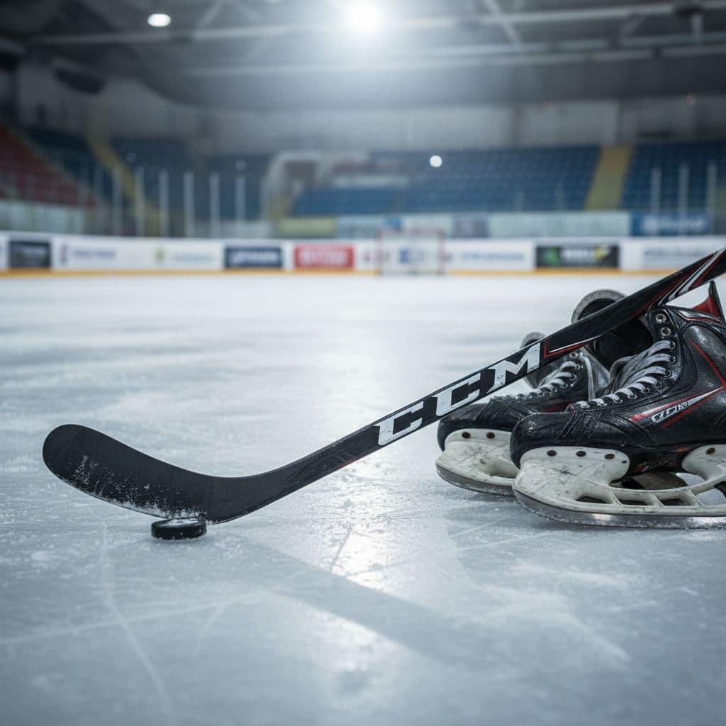 A pair of sharp leather hockey skates sits neatly beside a textured hockey stick on the smooth surface of an indoor ice rink. Soft ambient overhead lights reflect off the icy ground.
