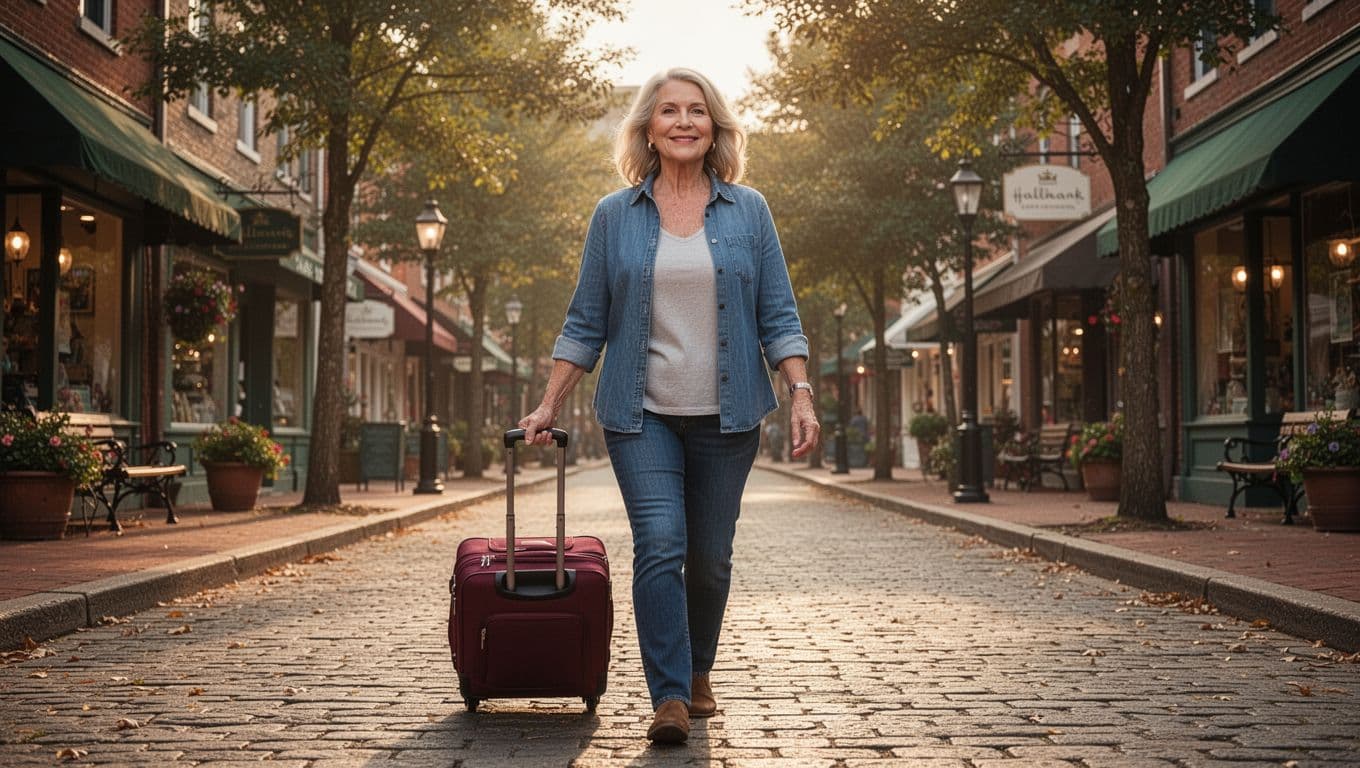 Hyperrealistic cinematic image of a middle-aged woman walking confidently down a cobblestone small town street with a rolling suitcase, smiling with hopeful expression in warm morning sunlight amid cozy shops and trees.