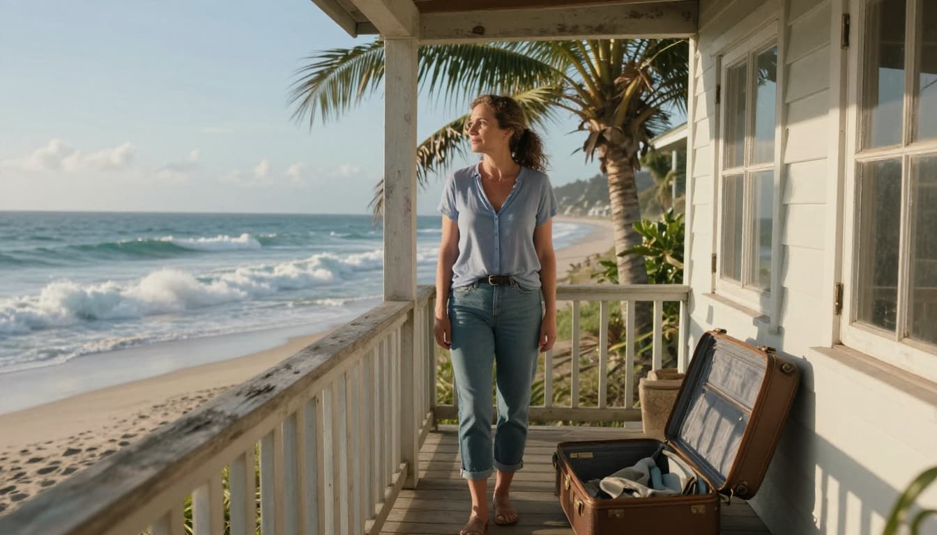 Photorealistic image of a woman in her 40s standing thoughtfully on the porch of a quaint beachside cottage, with an open suitcase beside her and an endless ocean view under soft morning golden hour sunlight.
