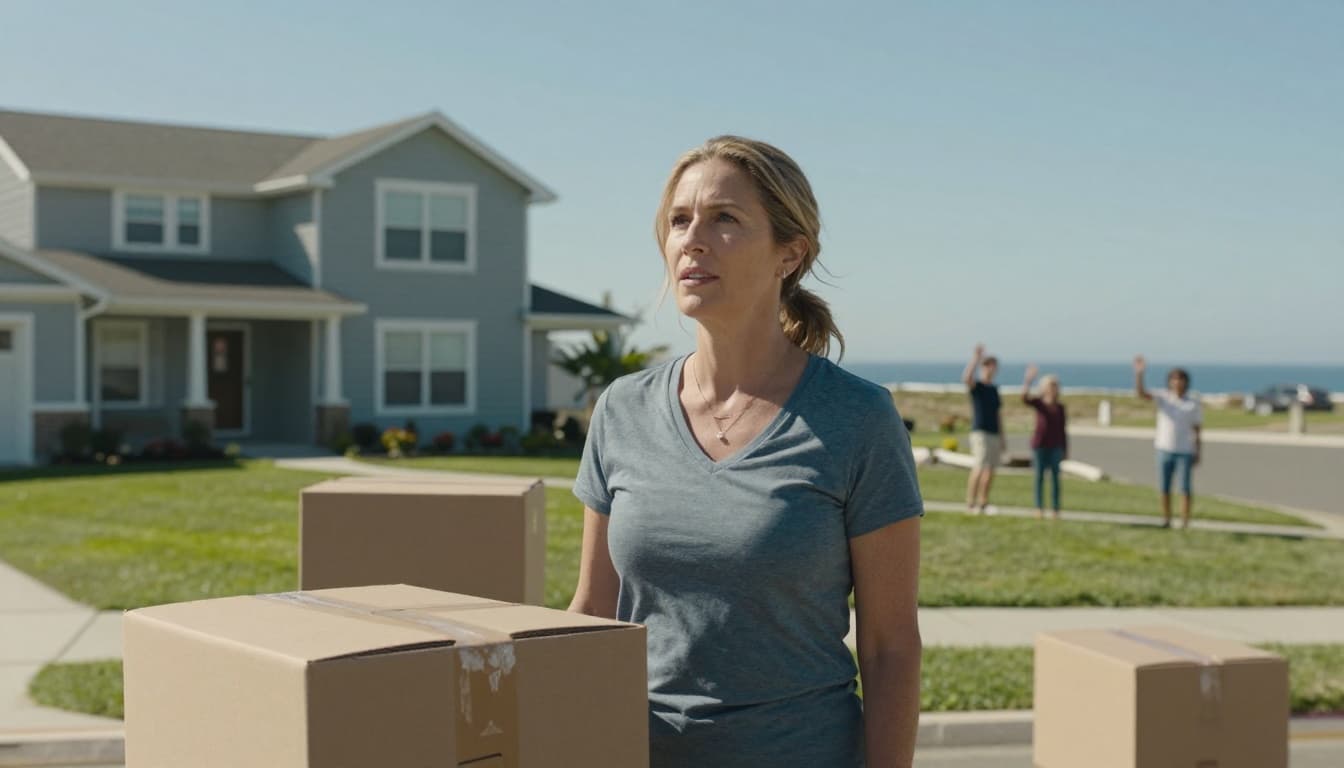 Hyperrealistic cinematic scene of a middle-aged woman standing hopefully in front of her new small town home surrounded by moving boxes, with neighbors waving from green lawns on a sunny day and a subtle coastal vibe in the background.