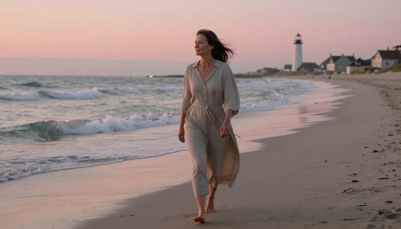 Hyperrealistic cinematic image of a woman in her 40s walking thoughtfully barefoot on a serene beach at sunrise, with gentle waves lapping her feet, soft pink and orange sky, distant lighthouse and cottages, wind-swept hair, and an emotional hopeful expression evoking a healing mood.