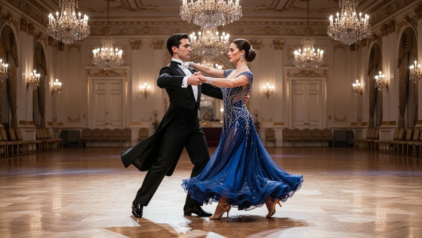 Hyperrealistic, photorealistic image of a single couple in elegant evening wear performing precise, choreographed ballroom dance steps with neutral, distant expressions in an empty grand ballroom lit by chandeliers.